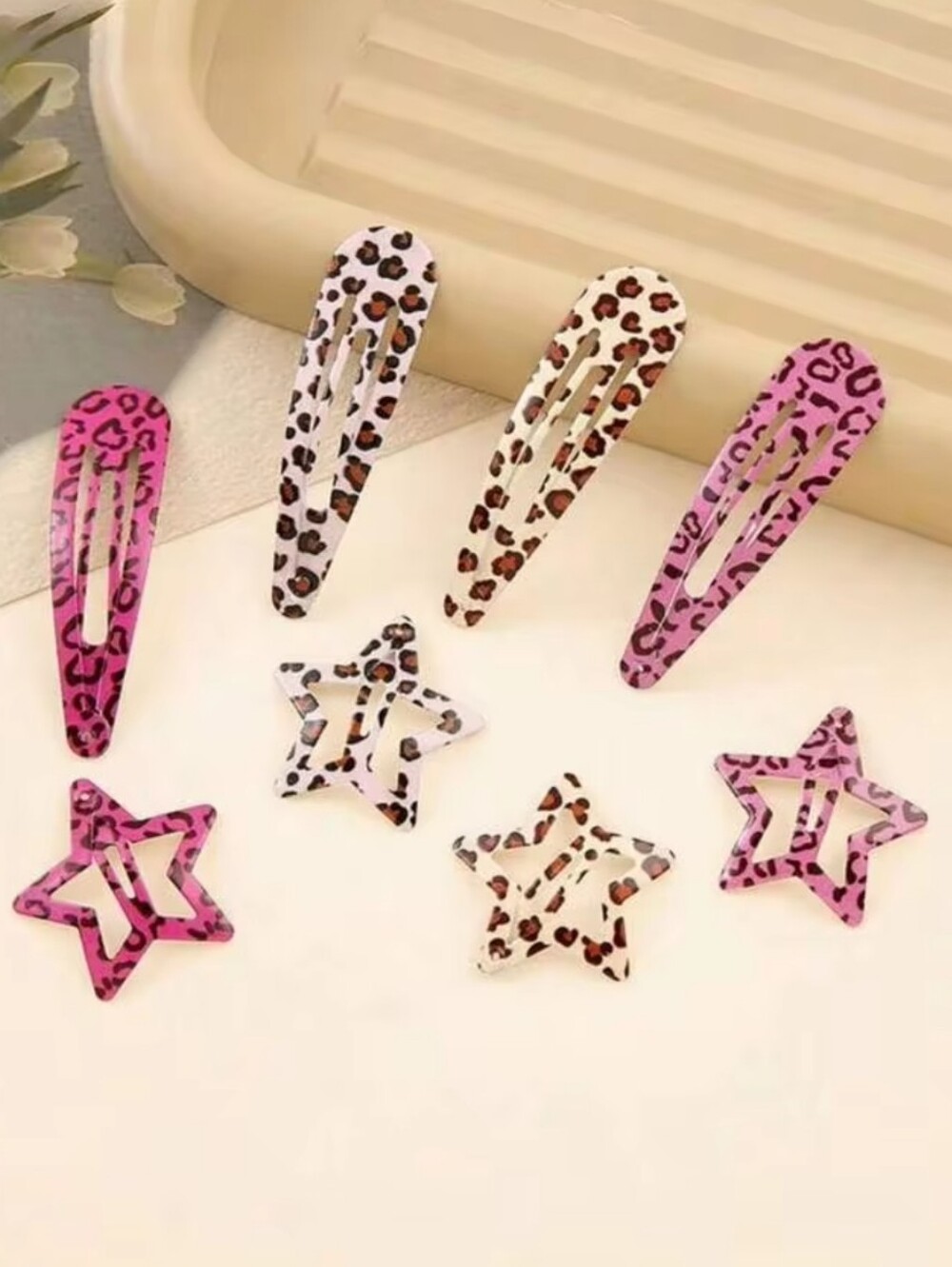 8 Leopard Print Star & Snap Hair Clips Set